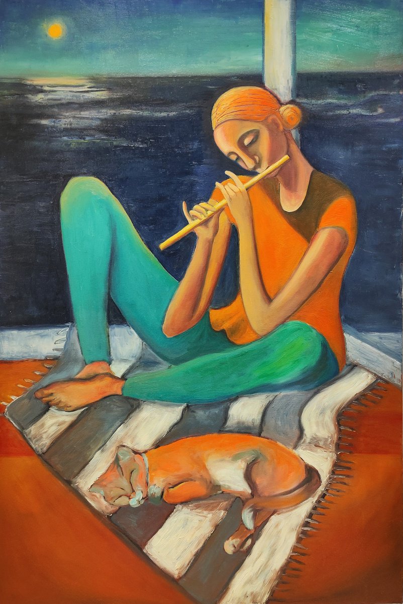 Naive Portrait Oil Painting By Albina Urbanek, 24 X 35, Moonlight Serenade, Original Artwork