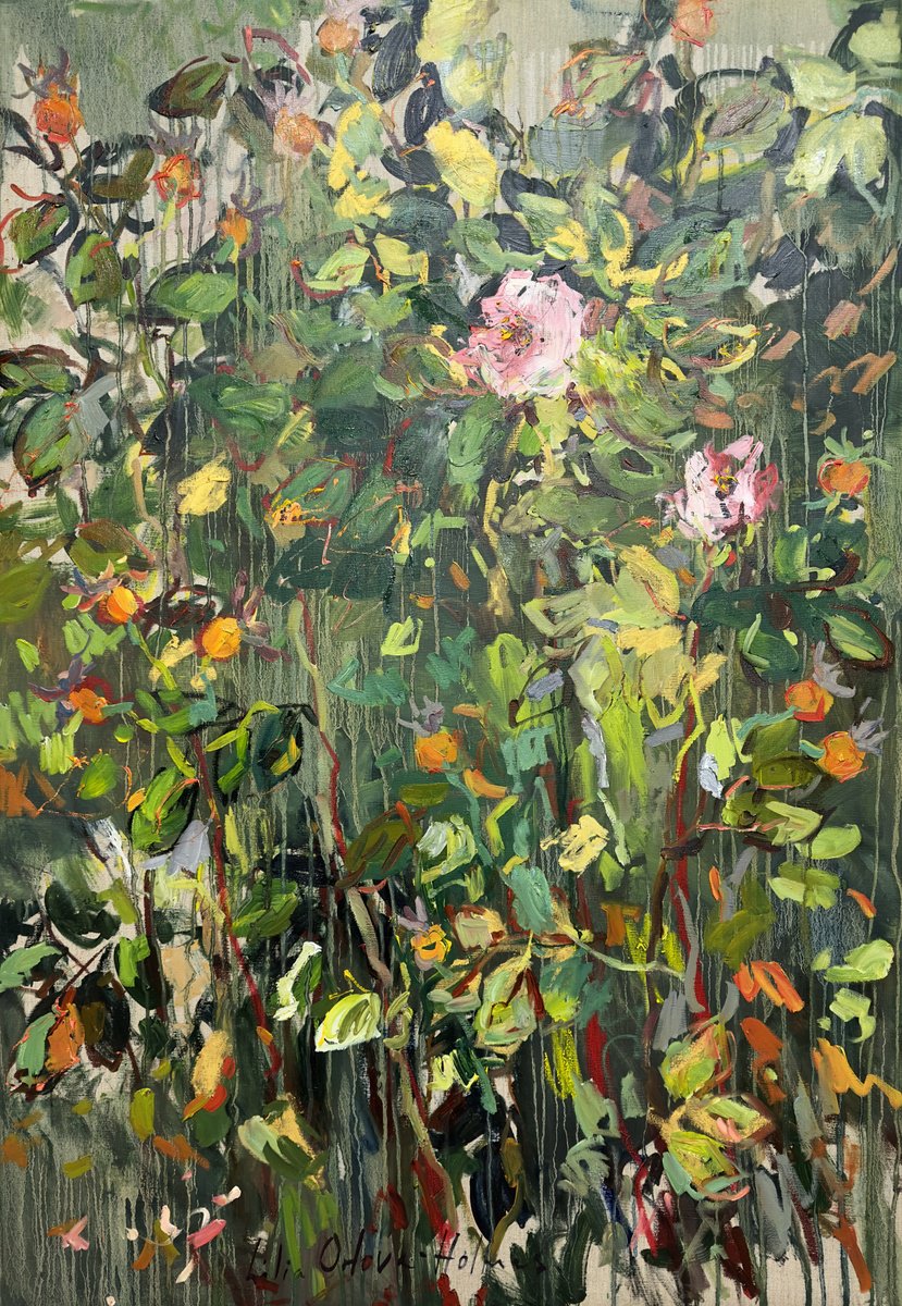 Expressive Landscape Oil Painting By Lilia Orlova-Holmes, 35 X 51", November. Last Roses, Original Artwork