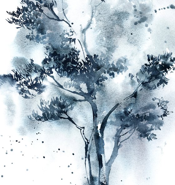 Pine trees in blue diptych Original watercolor painting