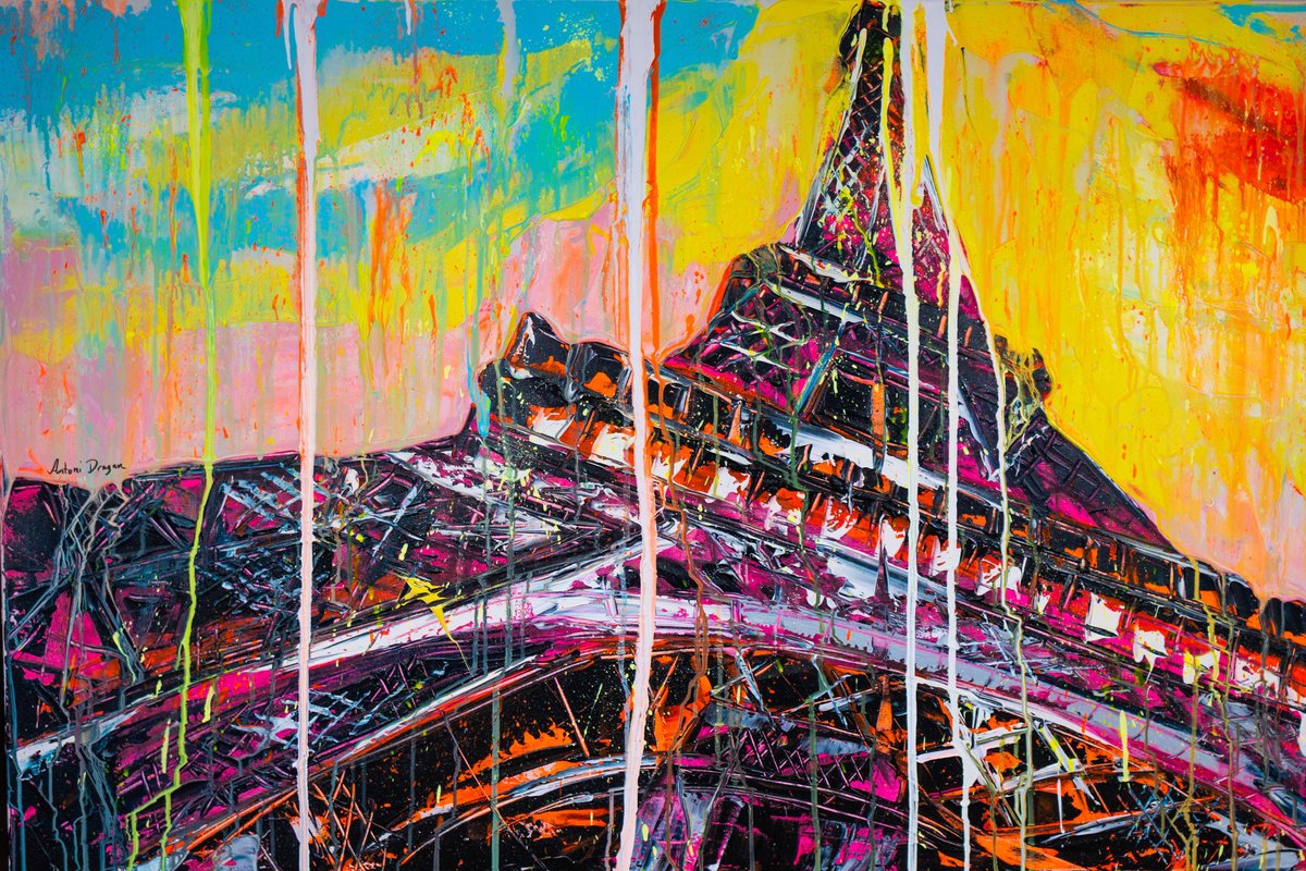 Urban And Pop Landscape Print By Antoni Dragan, 47 X 31, Eiffel Tower Paris Limited Edition Print, Original Artwork