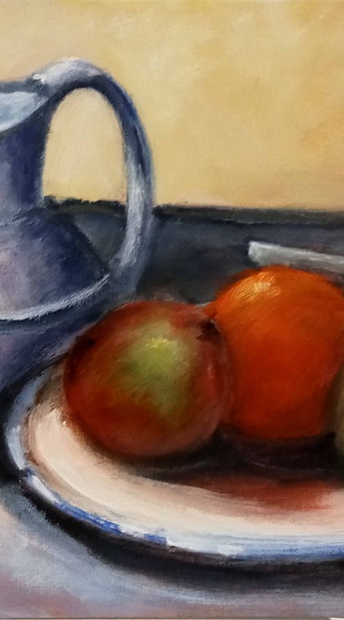 Still life with pewter jug and fruit by Alan Harris
