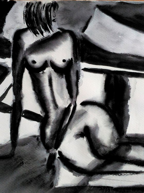 Nude Painting Woman Original Art Female Sitting Nude Black Monochrome Watercolor Painting Home Wall Art 20 by 14" by Halyna Kirichenko