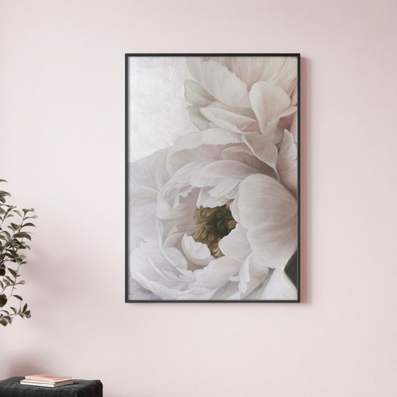"Soft Peonies" White silver flowers oil art
