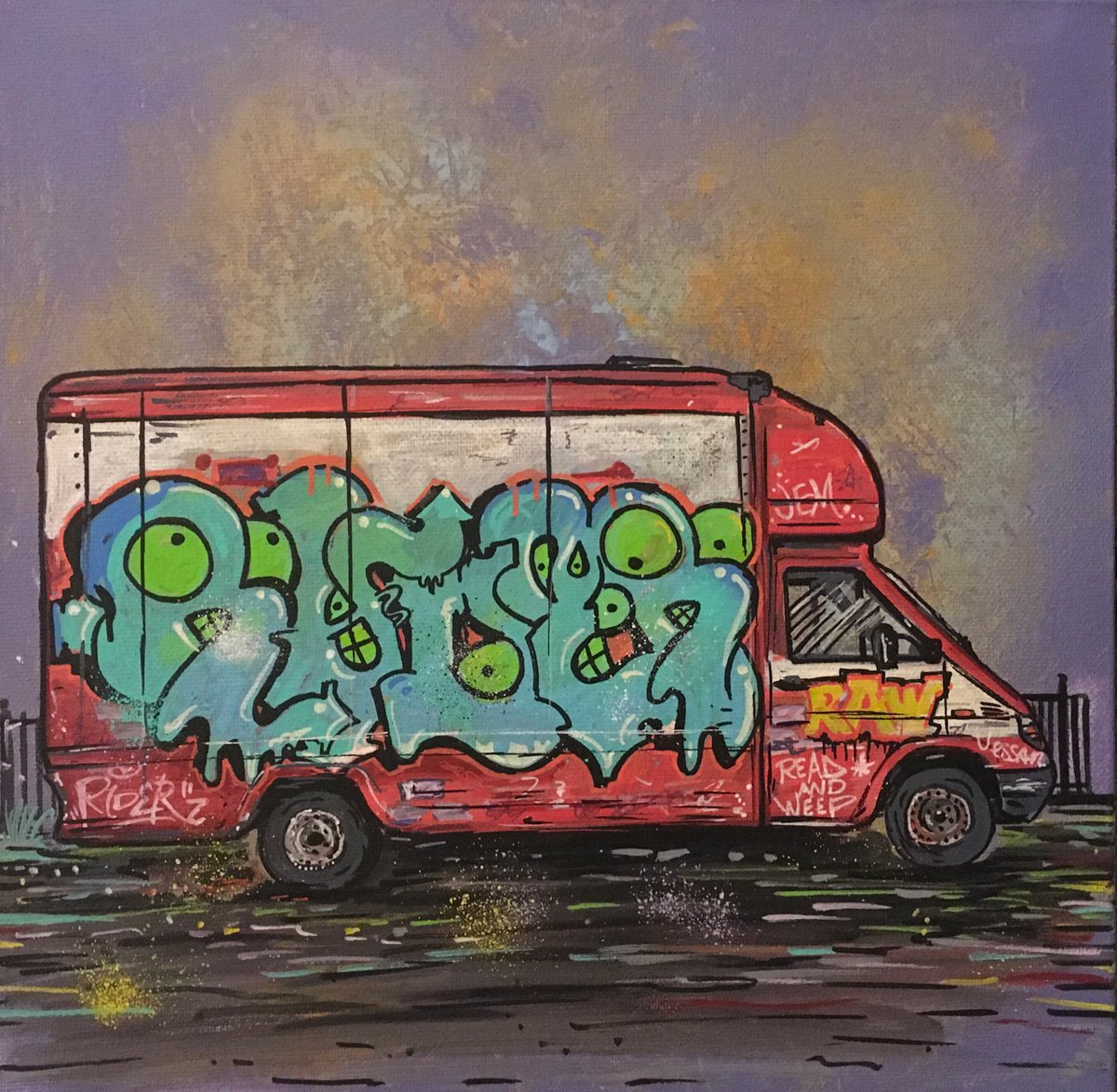 Urban And Pop Painting , Graffitied Van 2 By John Curtis, 12 X 12, Artwork For Sale On Artfinder