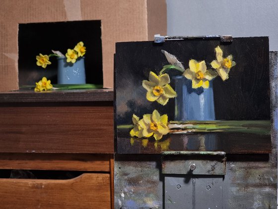 Daffodils and a Blue Pot