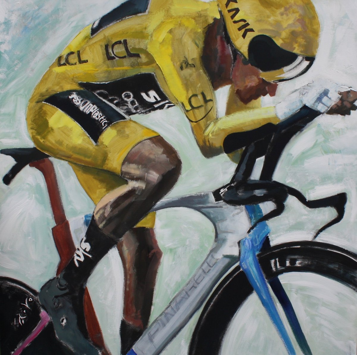 The Time Trial III (Large Cycling Painting 100 x 100cm). by Simon Jones