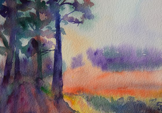 Sunset in the forest Small watercolor painting