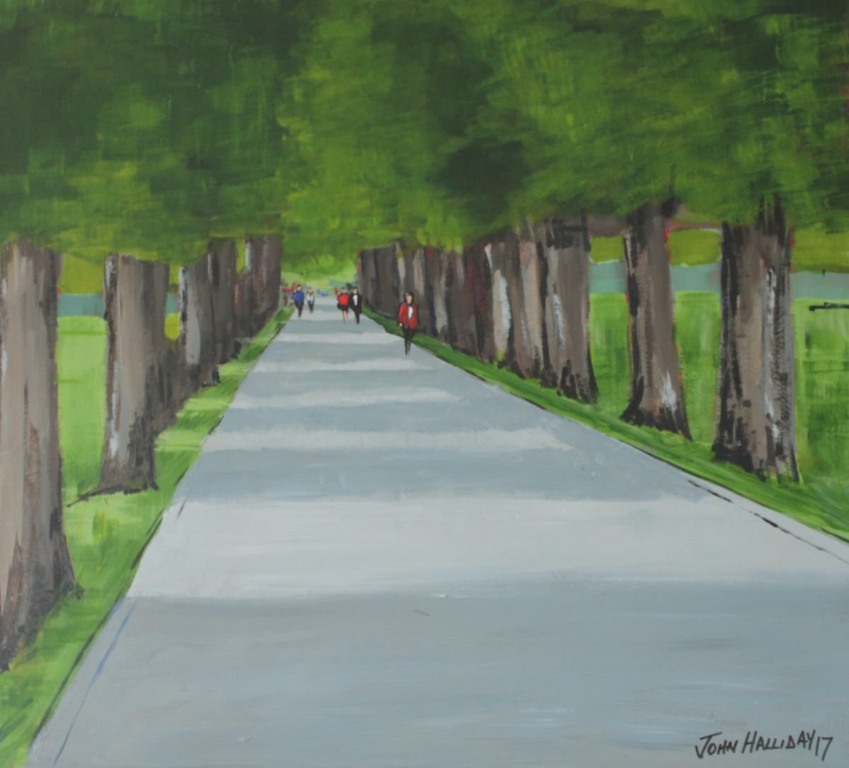 Impressionistic Landscape Acrylic Painting By John Halliday, 21 X 19, A Walk In The Park, Original Artwork