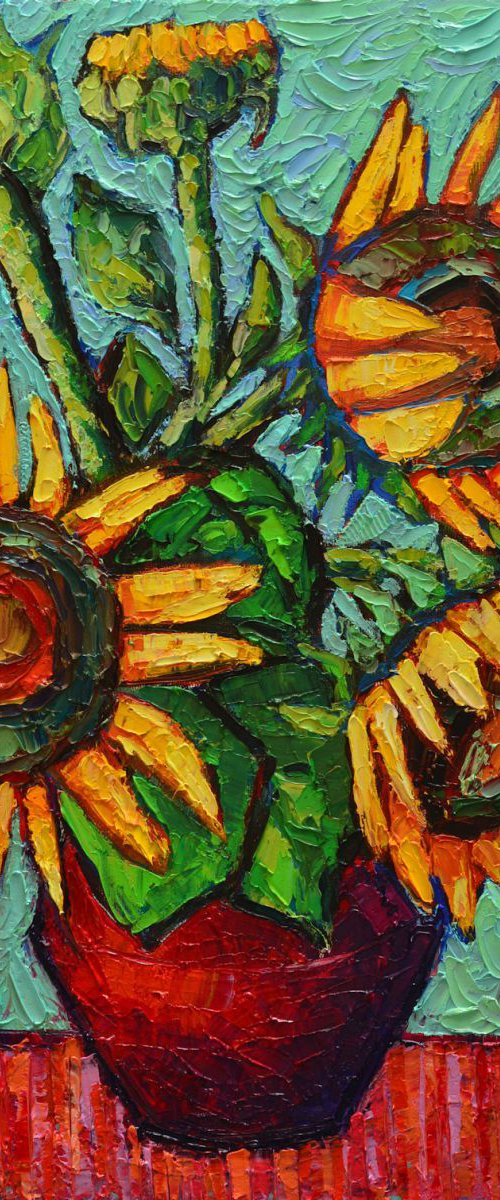 SUNFLOWERS IN RED VASE - modern impressionist impasto colorful vibrant textured contemporary floral art palette knife oil painting by ANA MARIA EDULESCU