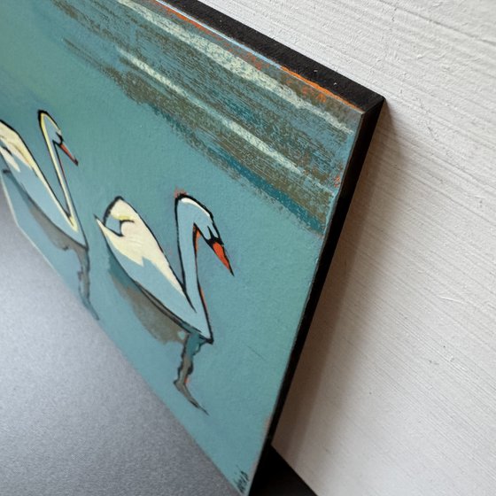 Original Small Painting Blue "2 Swans"