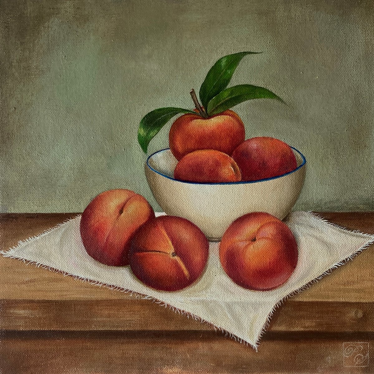 Photorealistic Still Life Oil Painting By Priyanka Singh, 12 X 12", Bowl Of Peaches, Original Artwork
