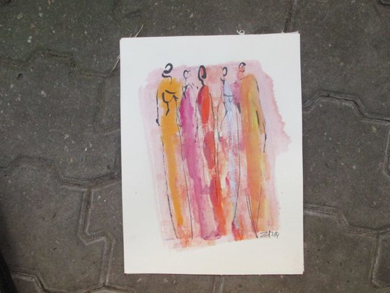 elegant girls on red carpet gouache drawing on paper 12,6x9,5 inch