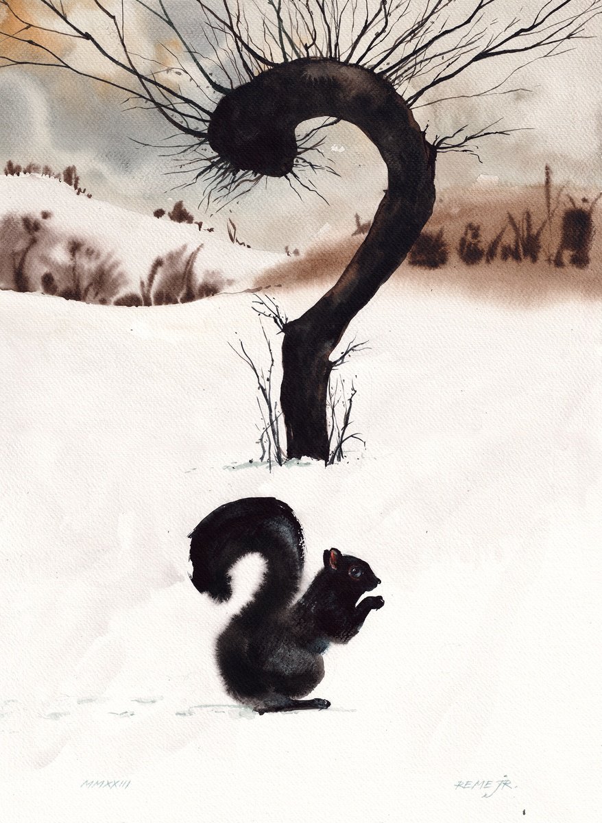 Impressionistic Animal Watercolour By Reme Jr., 15 X 21", Why, What, Where? - Squirrel And Tree, Original Artwork