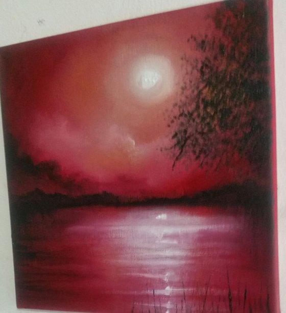 Red moonlit lake