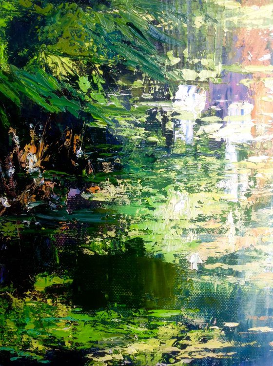 River water. Waterlilies abstract painting
