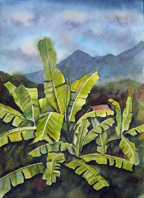 House in the jungle - tropical original green watercolor