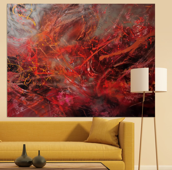 Large scale 170x130 cm stunning energy intense red colors fantastic painting flying dreams by O KLOSKA