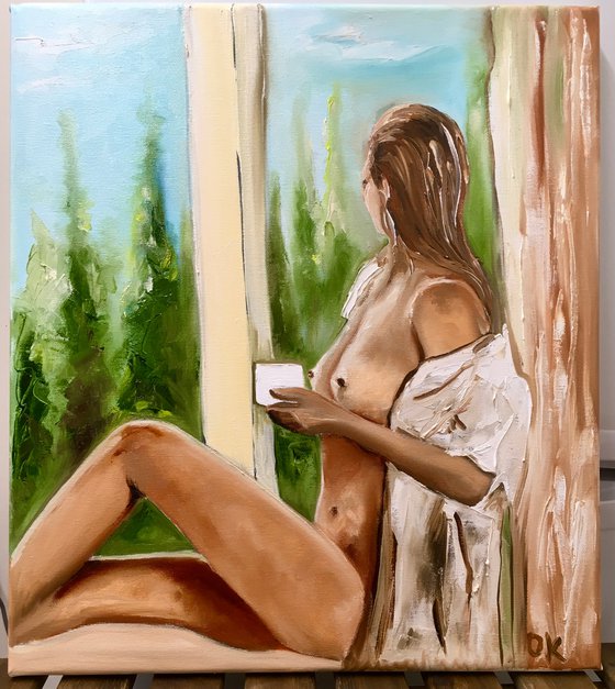 Cap of coffee, morning girl. Nude, girl, beautiful woman.