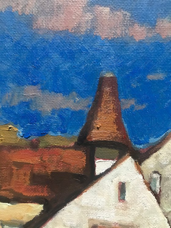 Original Oil Painting Wall Art Artwork Signed Hand Made Jixiang Dong Canvas 25cm × 30cm Red Roof Retreat small building Impressionism