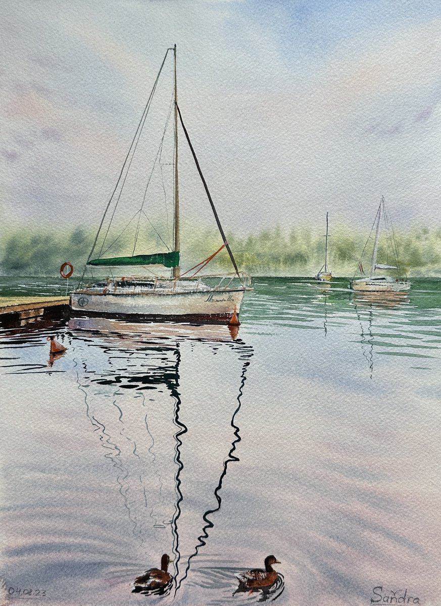 Impressionistic Watercolour , Peace. Yacht At Sunset In Krakow By Oleksandra Padushyna, 11 X 15, Artwork For Sale On Artfinder