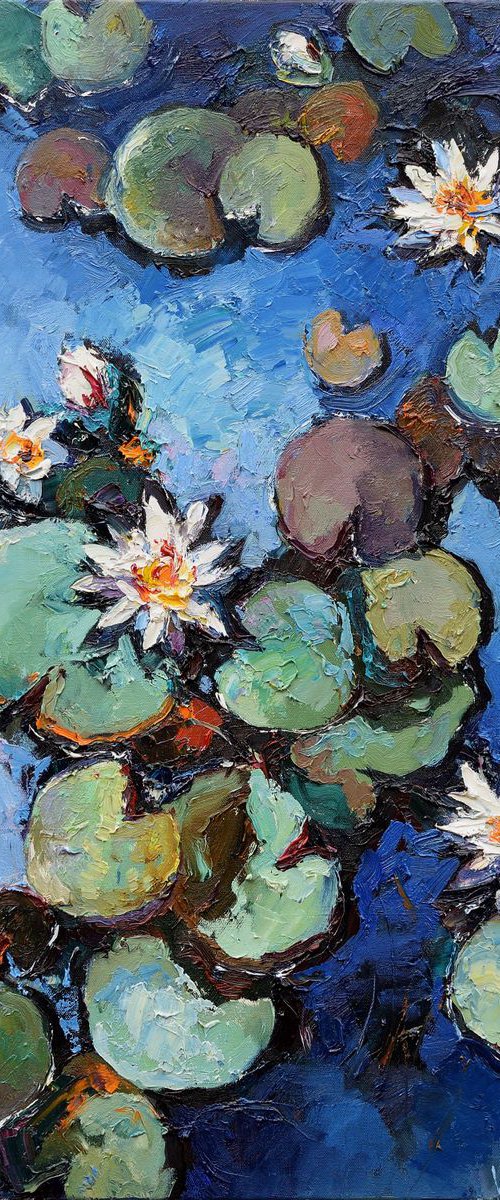 White water lilies Original oil painting 60 x 90 cm by Anastasiia Valiulina