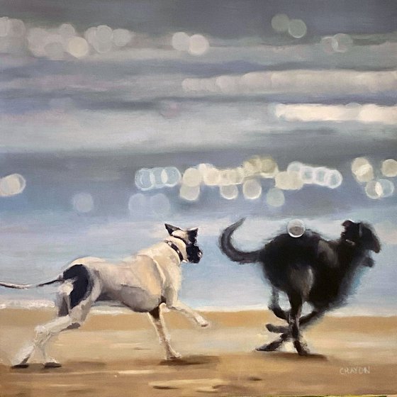 Commission "Dogs on the Beach" 24x24in 60x60cm