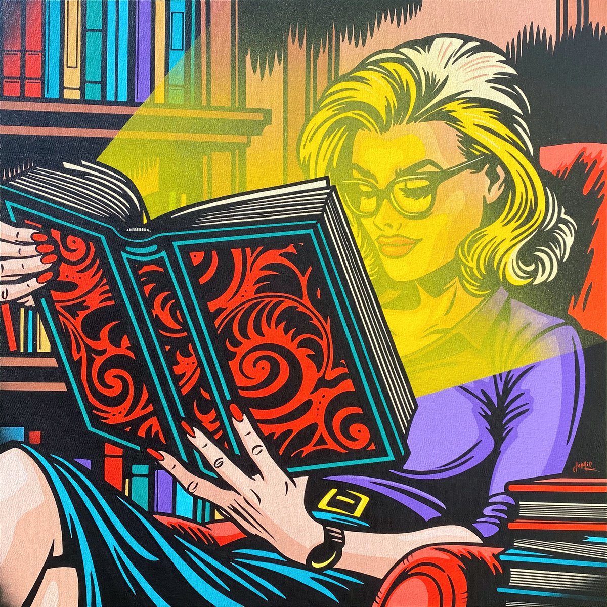 Urban And Pop Portrait Acrylic Painting By Jamie Lee, 28 X 28, Lost In A Good Book, Original Artwork