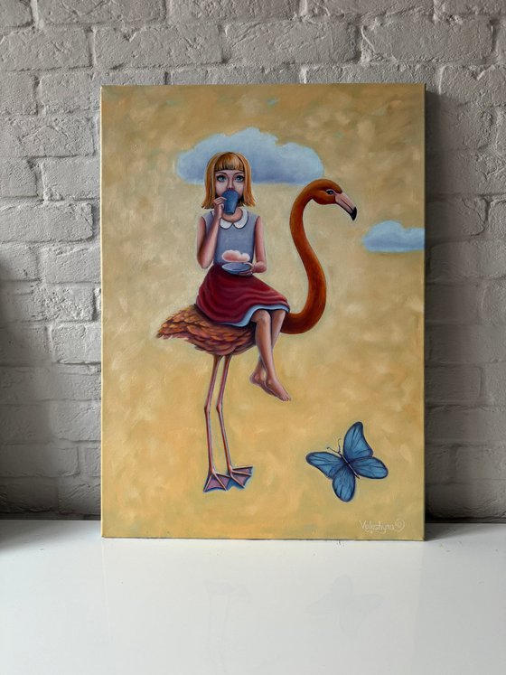 Girl, flamingo and butterfly