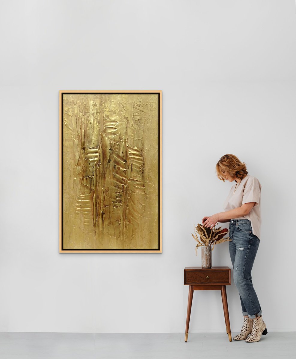 FELICITY II. Gold Abstract Textured Interior 3D Luxury Painting by Sveta Osborne
