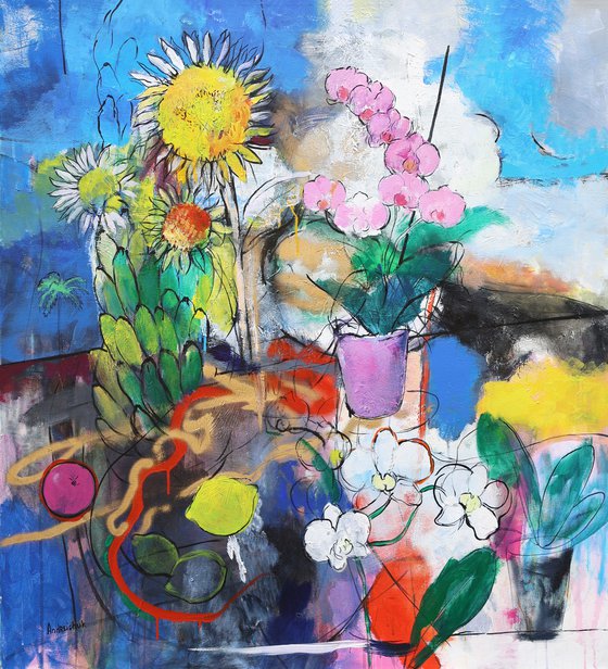 Sunflowers. Orchids. Fruits