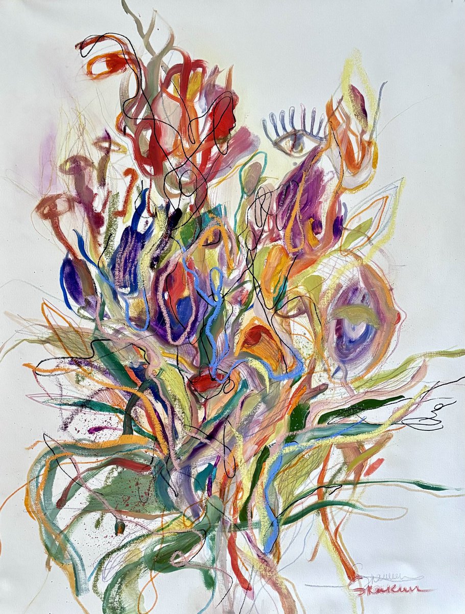 Expressive Botanical Oil Painting By Mari Skakun, 24 X 32", Whisper Of Spring, Original Artwork