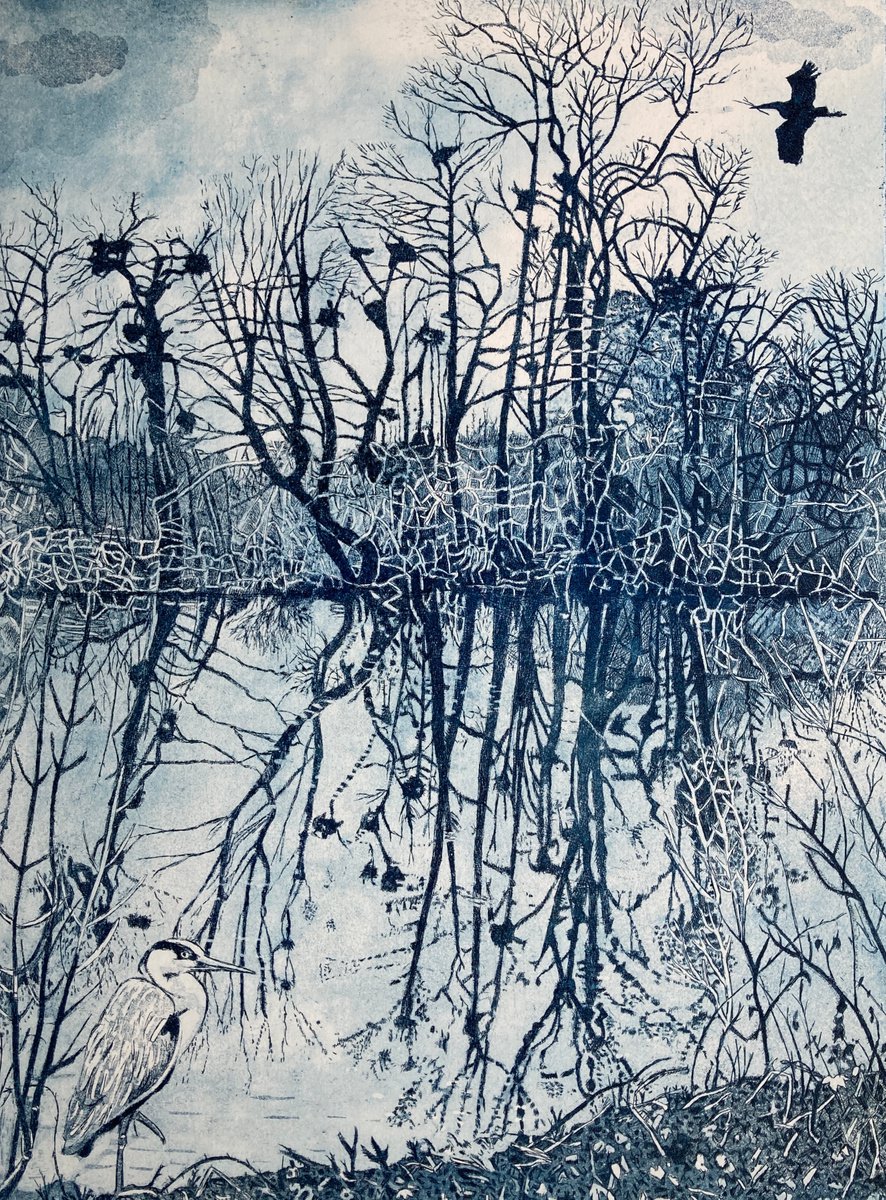 Illustrative Landscape Etchings & Engravings By Janis Goodman, 20 X 26, Heronry, Original Artwork