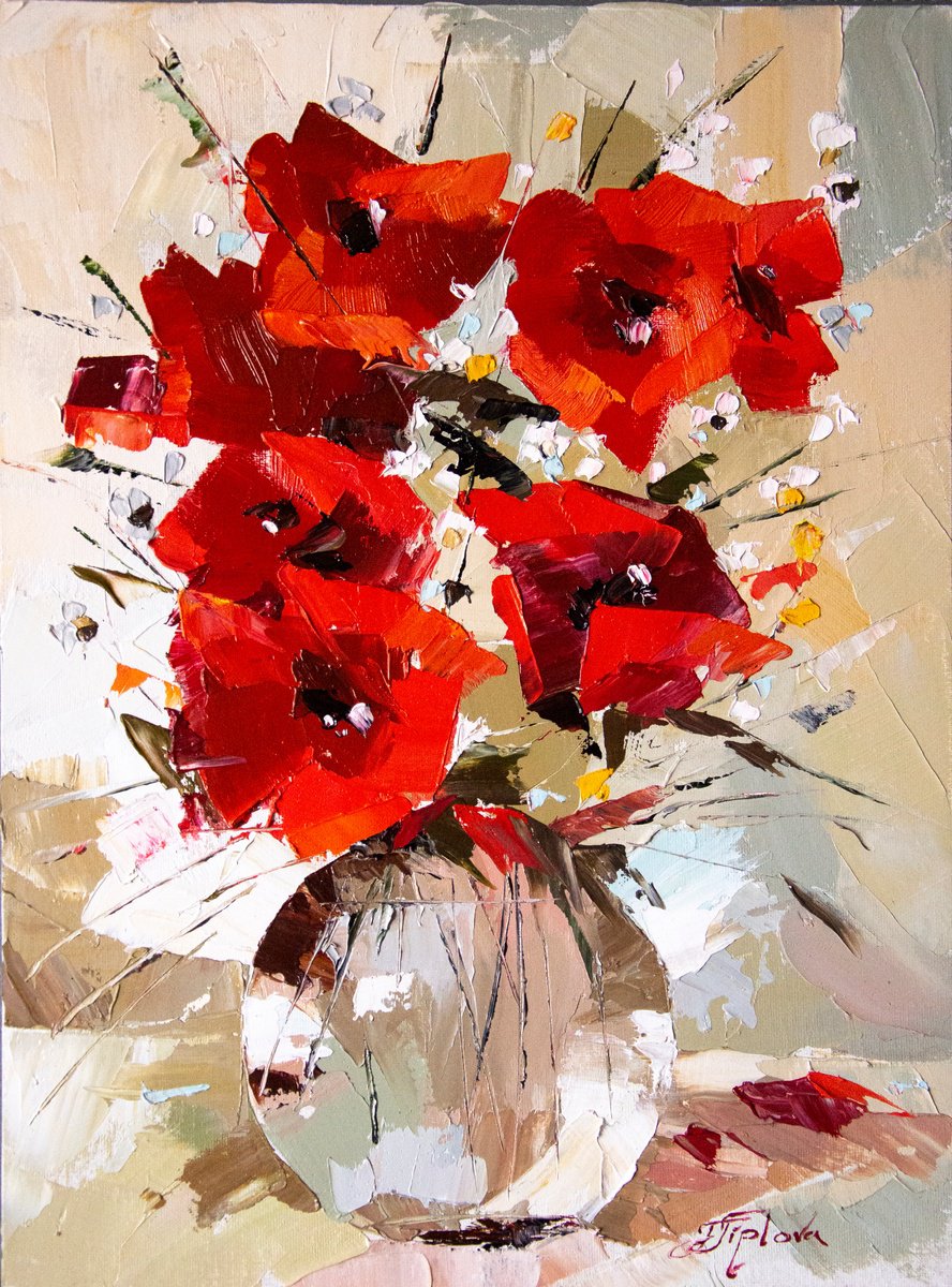 Impressionistic Botanical Oil Painting By Tetiana Tiplova, 12 X 16", Bright Poppies, Original Artwork