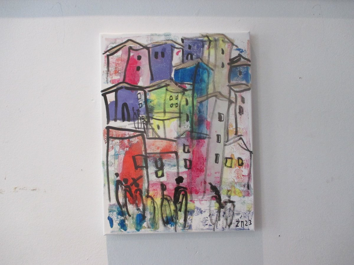 Expressive Cityscapes Acrylic Painting By Sonja Zeltner-Muller, 12 X 16", Fullcolored Italy, Original Artwork