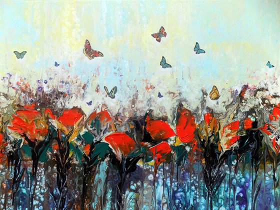 Dance of butterflies - Large abstract red flowers with butterflies, original artwork, abstract landscape