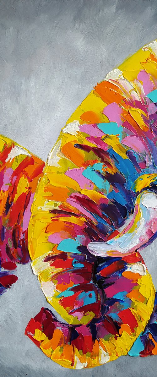 Happy childhood - elephants, mother, elephant, mother's love, Africa, love, animals, gift for mother, oil painting, Impressionism, palette knife, gift. by Anastasia Kozorez