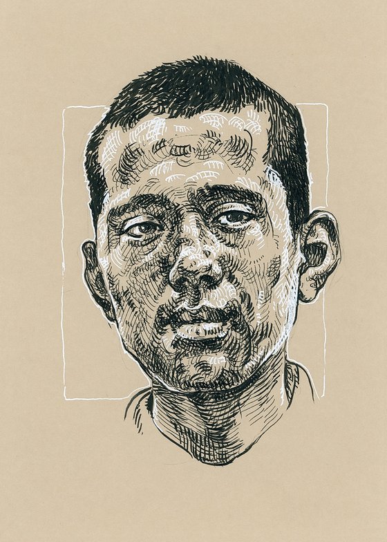Tibetan man portrait. Ink portrait. Portrait on paper. Portrait drawing