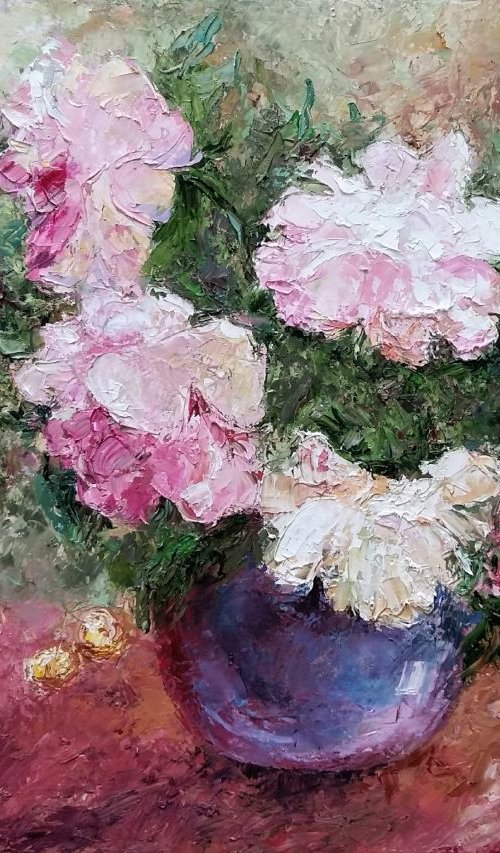 Peonies and cherries painting by Larissa Uvarova