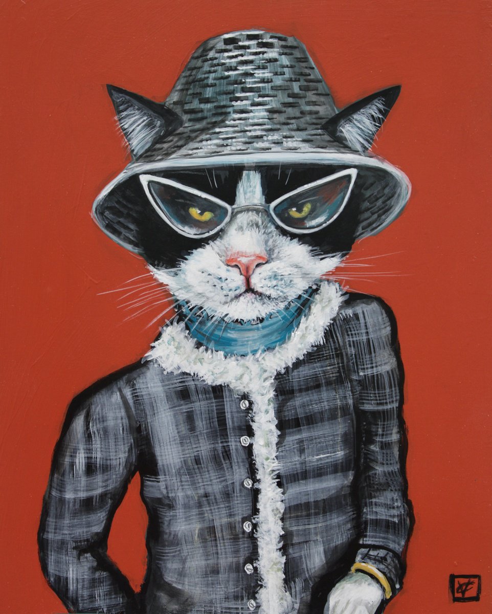 Surrealistic Animal Acrylic Painting By Victoria Coleman, 8 X 10", Simone The Black And White Cat, Original Artwork