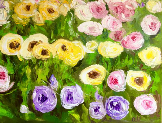 Large size WHITE PINK YELLOW PURPLE  ROSES in a Greenwich rose garden palette  knife modern still life  flowers office home decor gift