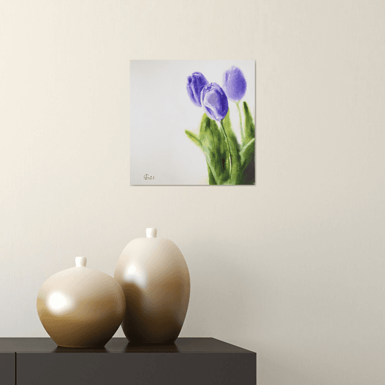 Purple tulips. Minimalistic still life with flowers nature green decor white bouquet wall watercolor small painting original bright gift