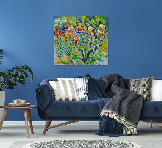 Irises and orange lilies