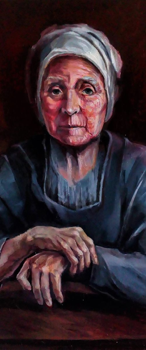 Old Woman - 50 x 70cm Oil on Canvas Portrait Painting by Reneta Isin