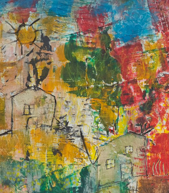 Village with two suns - art brut painting