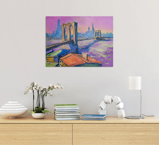 Brooklyn Bridge in New York, Evening in Pink