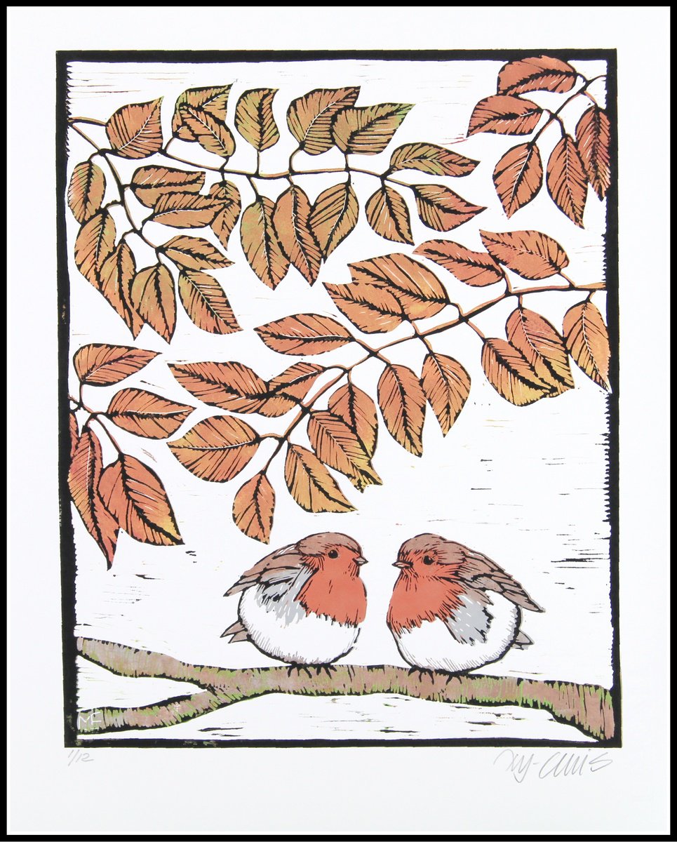 Red Robins on a branch by Mariann Johansen-Ellis