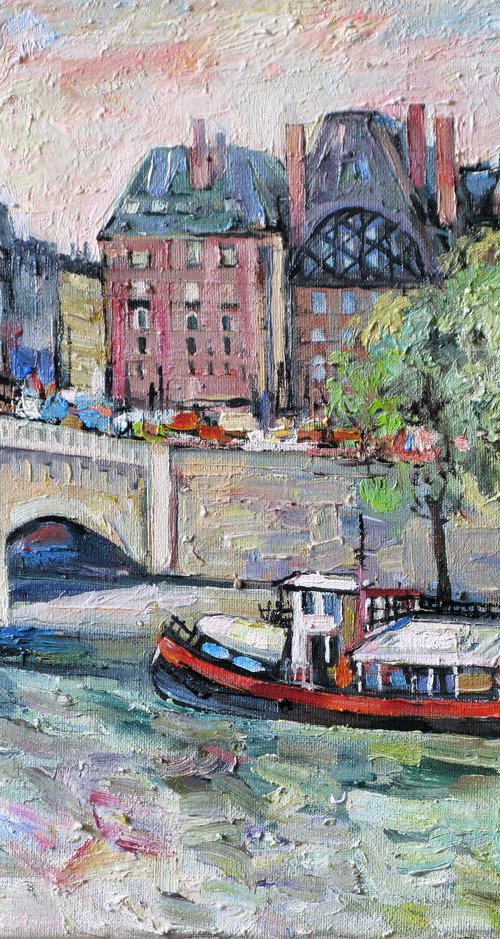 Morning, river and boat. by Nikifor Swiristuhin