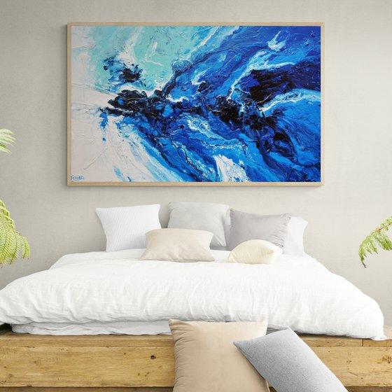 Wild Blue 160cm x 100cm Blue Aqua White Textured Abstract Art