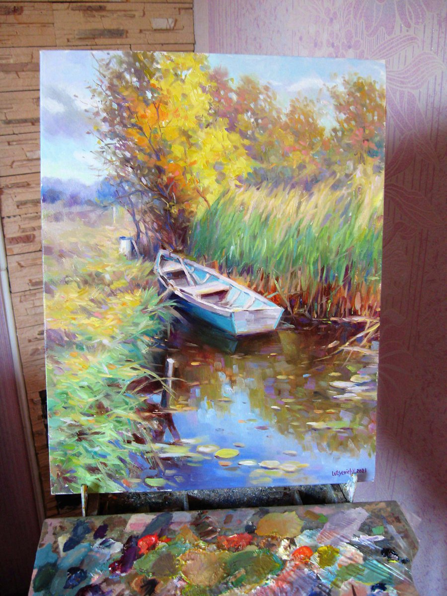 Impressionistic Landscape Oil Painting By Vladimir Lutsevich, 14 X 18", Autumn Day. Southern Bug, Original Artwork