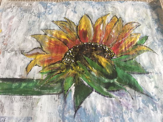 Sunflower Floral Art on Newspaper Single Sunflower Painting Portraiture of Flower Beautiful Paintings 37x29cm Artwork Gift Ideas Original Art Modern Art Contemporary Painting Abstract Art For Sale Free Shipping